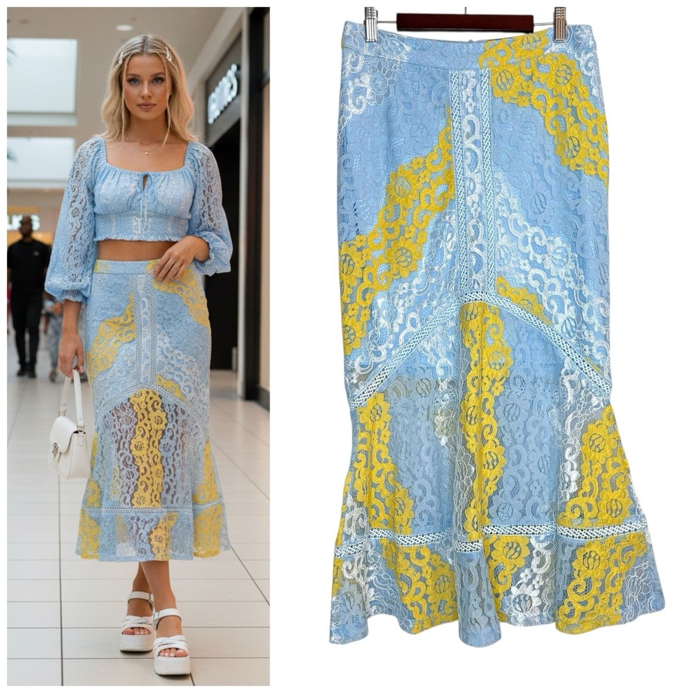 Y2K Lace Trumpet Midi Skirt Blue Yellow Semi Sheer Lined Coquette Ruffle M 8